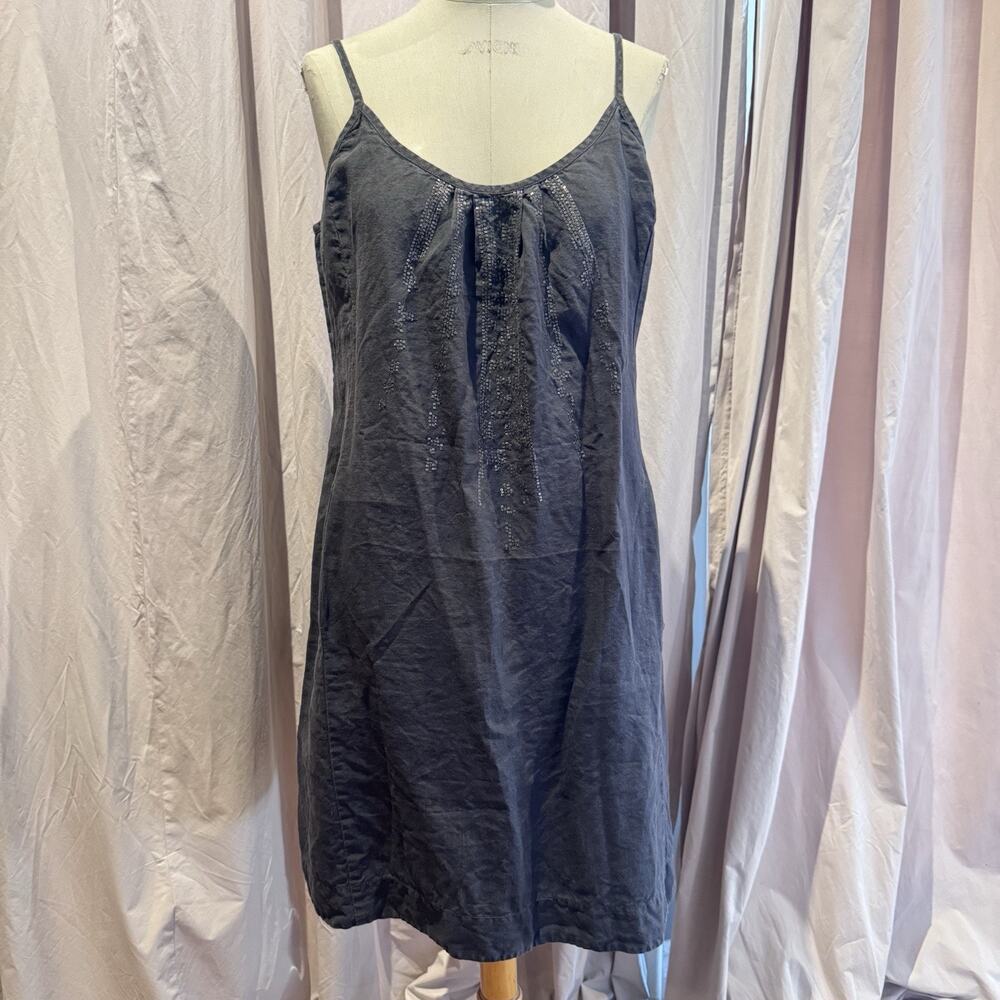 Eileen Fisher Grey 100% Organic Linen Cami Dress With Tiny Gunmetal Sequins L